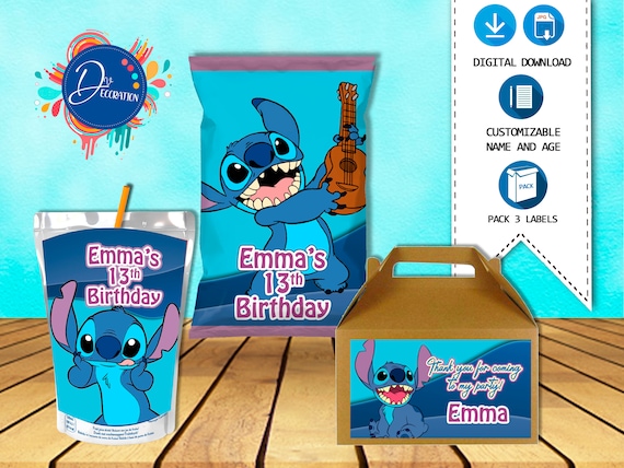 Stitch Pack 3 etichette per la festa di compleanno DOWNLOAD DIGITALE  stampabile Chip Bag Gable Box Etichetta di succo Compleanno di Lilo e Stitch  -  Italia