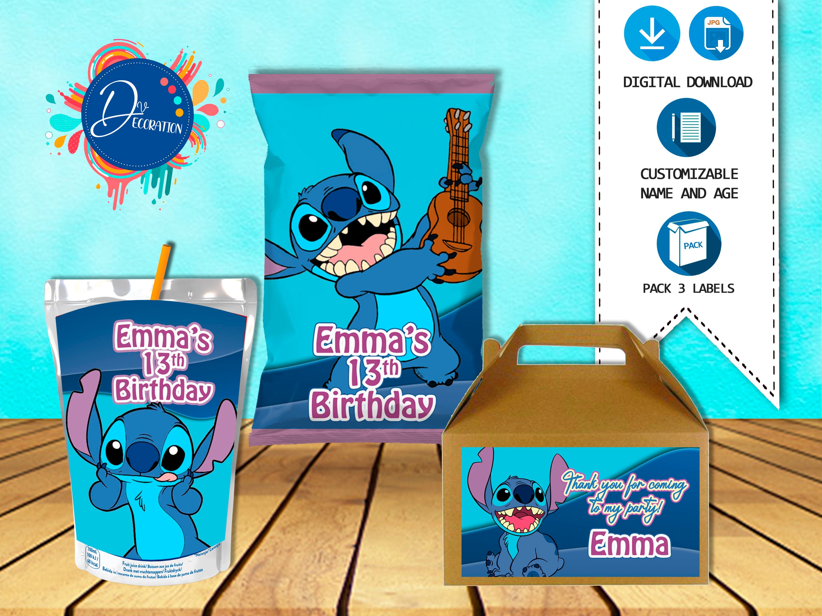 Stitch Pack 3 Labels for Birthday Party Printable DIGITAL DOWNLOAD