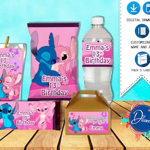 Stitch Pink Pack 5 Labels for Birthday -Printable DIGITAL DOWNLOAD Chip Bag -Gable Box -Juice -Water Bottle-Candy Bar Birthday