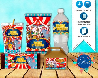Circus Pack 5 Labels for Birthday Party -Printable DIGITAL DOWNLOAD -Chip Bag -Gable Box - Juice - Candy Bar - Water Bottle. Circus Birthday