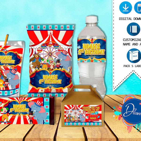 Circus Pack 5 Labels for Birthday Party -Printable DIGITAL DOWNLOAD -Chip Bag -Gable Box - Juice - Candy Bar - Water Bottle. Circus Birthday