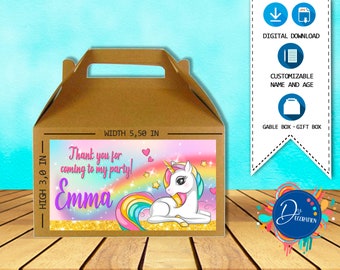 Unicorn Box Label, Gable box, Labels for Birthday Party - Printable DIGITAL DOWNLOAD - box label- Gable box- Unicorn Birthday