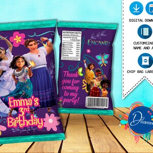 Encanto-film Encanto torby na chipy, etykiety na urodziny-do druku cyfrowego do pobrania-torba na chipy-urodziny Encanto