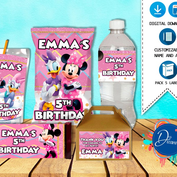 Minnie Mouse Pink Pack 5 Labels for Birthday -Printable DIGITAL DOWNLOAD Chip Bag -Gable Box -Juice -Candy Bar -Water Bottle Minnie Birthday