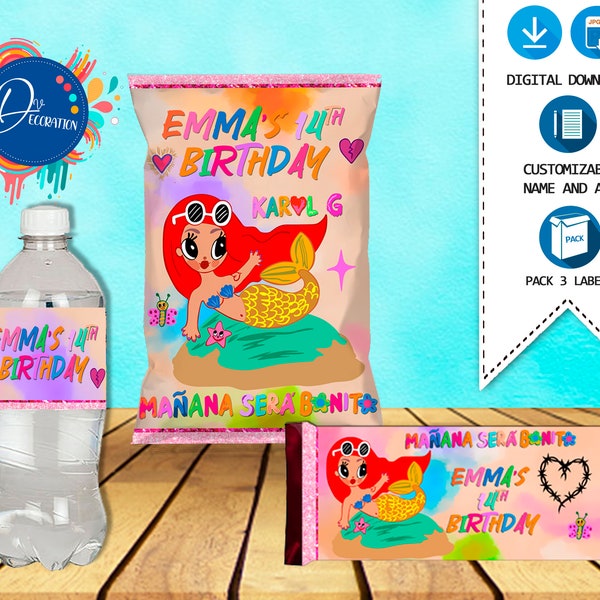 Karol G - Mañana será Bonito Pack 3 Labels for Birthday Party - Printable DIGITAL DOWNLOAD - Chip bag - Bottle label - Candy bar Birthday