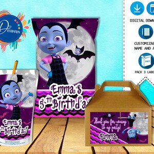 Vampirina Pack 3 Etiketten für Geburtstagsparty – druckbarer DIGITALER DOWNLOAD – Chip-Tasche – Giebelschachtel – Saftetikett – Vampirina-Geburtstag