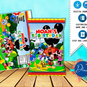 Torby na chipy Mickey Mouse Clubhouse, etykiety na przyjęcie urodzinowe-do druku cyfrowego do pobrania-torba na chipy-urodziny Myszki Miki