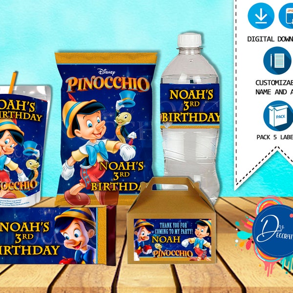 Pinocchio Pack 5 Étiquettes pour Anniversaire -Imprimable DIGITAL DOWNLOAD Chip Bag -Gable Box -Juice -Water Bottle-Candy Bar Pinocho Birthday