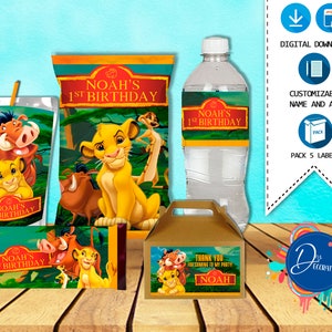 The Lion King Pack 5 Labels for Birthday -Printable DIGITAL DOWNLOAD Chip Bag -Gable Box -Juice -Water Bottle-Candy Bar Birthday