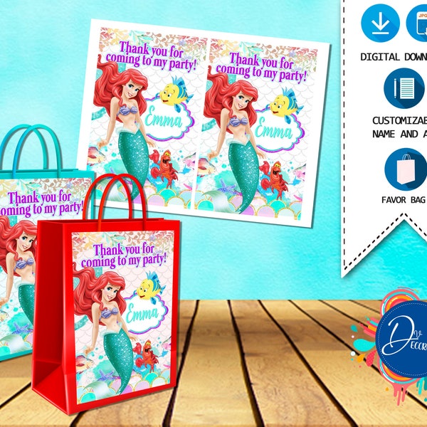 Ariel Favor bag, Labels for Birthday Party-Printable DIGITAL DOWNLOAD- Treats Bags- Bags- Favor bag- The little mermaid Birthday