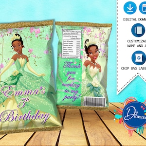 Tiana Chip tassen, Labels voor verjaardagsfeestje - Afdrukbare DIGITALE DOWNLOAD - Chip Bag - Tiana Princess Disney - Princess and the Frog Verjaardag