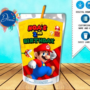 Mario Bros Saftetikett, Etiketten für Geburtstagsparty-Druckbarer DIGITALER DOWNLOAD- Saftetikett- Caprisun-Saftbeutel- Mario Bros Geburtstag