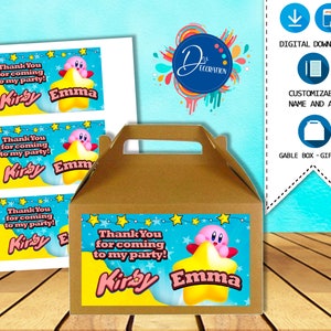 Kirby Box Label, Gable box, Labels for Birthday Party-Printable DIGITAL DOWNLOAD -box label- Gable box- Kirby Birthday