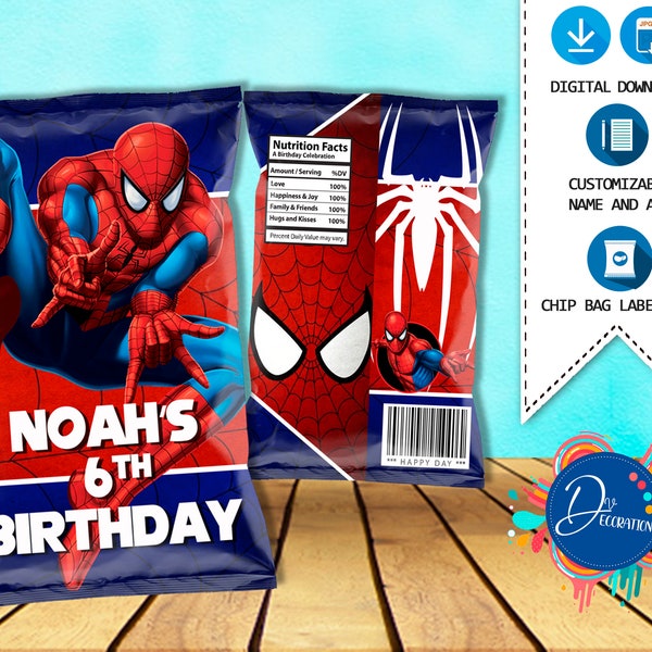 Spiderman Chip bags, Labels for Birthday Party - Printable DIGITAL DOWNLOAD - Chip Bag - Spiderman Birthday