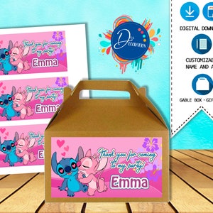Stitch Pink Box Label, Gable box, Etichette per la festa di compleanno - DOWNLOAD DIGITALE stampabile - etichetta della scatola- Gable box- Compleanno di Lilo e Stitch