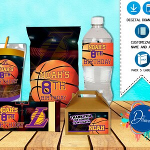 Basketball-Pack 5 Etiketten zum Geburtstag – Druckbarer DIGITALER DOWNLOAD Chip-Tasche – Giebelschachtel – Saft – Wasserflasche – Schokoriegel zum Geburtstag