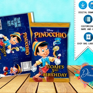 Pinocchio Pack 5 Labels for Birthday -printable DIGITAL DOWNLOAD Chip ...