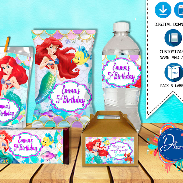 Ariel Pack 5 Labels for Birthday -Printable DIGITAL DOWNLOAD Chip Bag -Gable Box -Juice-Water Bottle- Candy bar Little mermaid Birthday