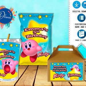 Étiquettes Kirby pour la fête d'anniversaire - TÉLÉCHARGEMENT NUMÉRIQUE imprimable - Sac à puces - Boîte à pignon - Étiquette de jus - Anniversaire Kirby
