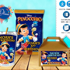 Pinocchio Labels for Birthday Party - Printable DIGITAL DOWNLOAD - Chip Bag - Gable Box - Juice Label - PinochoBirthday