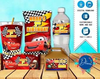 Cars Pack 5 Labels for Birthday Party - Printable DIGITAL DOWNLOAD - Chip Bag - Gable Box - Juice - Candy Bar - Water Bottle. Cars Birthday