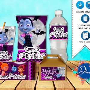 Vampirina Pack 5 Etiketten zum Geburtstag – Druckbarer DIGITALER DOWNLOAD Chip-Tüte – Giebelschachtel – Saft – Wasserflasche – Schokoriegel Geburtstag – Vampirina