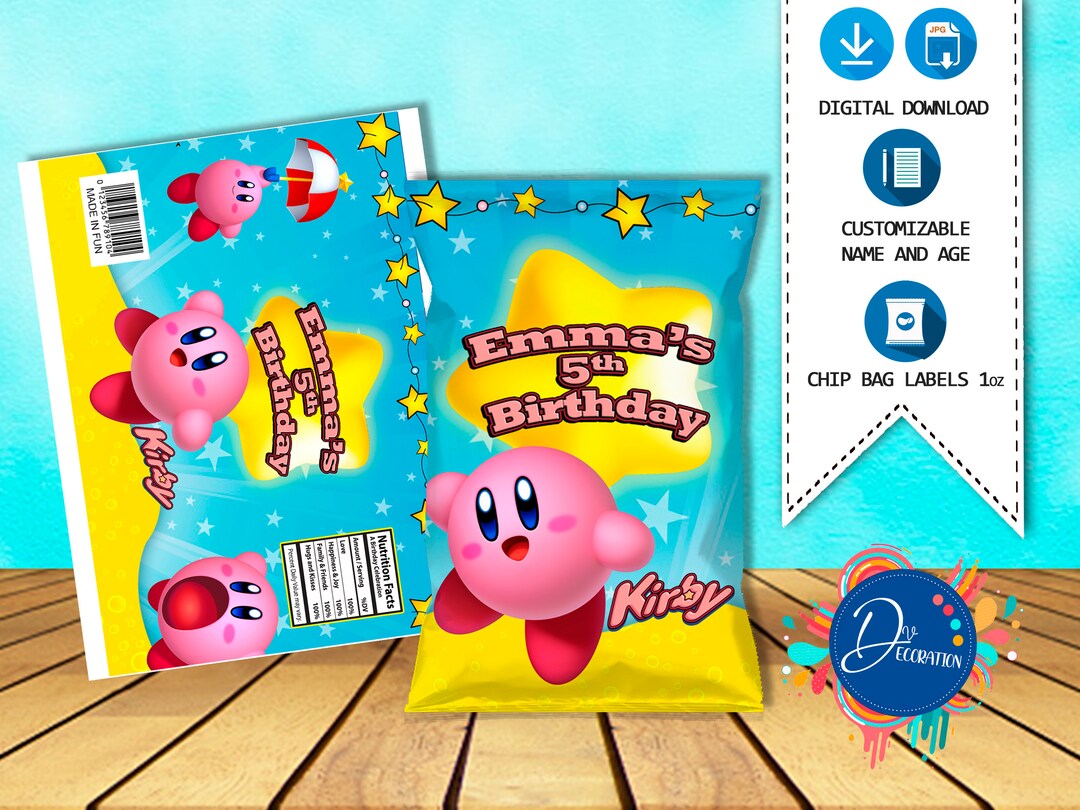 Kirby Chip Bags, Labels for Birthday Party Printable DIGITAL DOWNLOAD