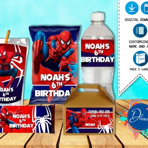 Spiderman Pack 5 étiquettes pour la fête d'anniversaire - TÉLÉCHARGEMENT NUMÉRIQUE imprimable - Sac à puces - Boîte à pignon - Jus - barre chocolatée - Bouteille d'eau. Anniversaire