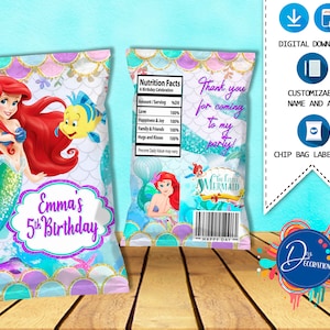 Ariel La petite sirène Sacs à puces, Étiquettes pour fête d’anniversaire -Téléchargement NUMÉRIQUE imprimable- Sac à puces- Ariel La petite sirène Anniversaire