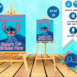 Cartello di benvenuto Stitch, etichette per la festa di compleanno - DOWNLOAD DIGITALE stampabile - sfondo - compleanno di Lilo e Stitch