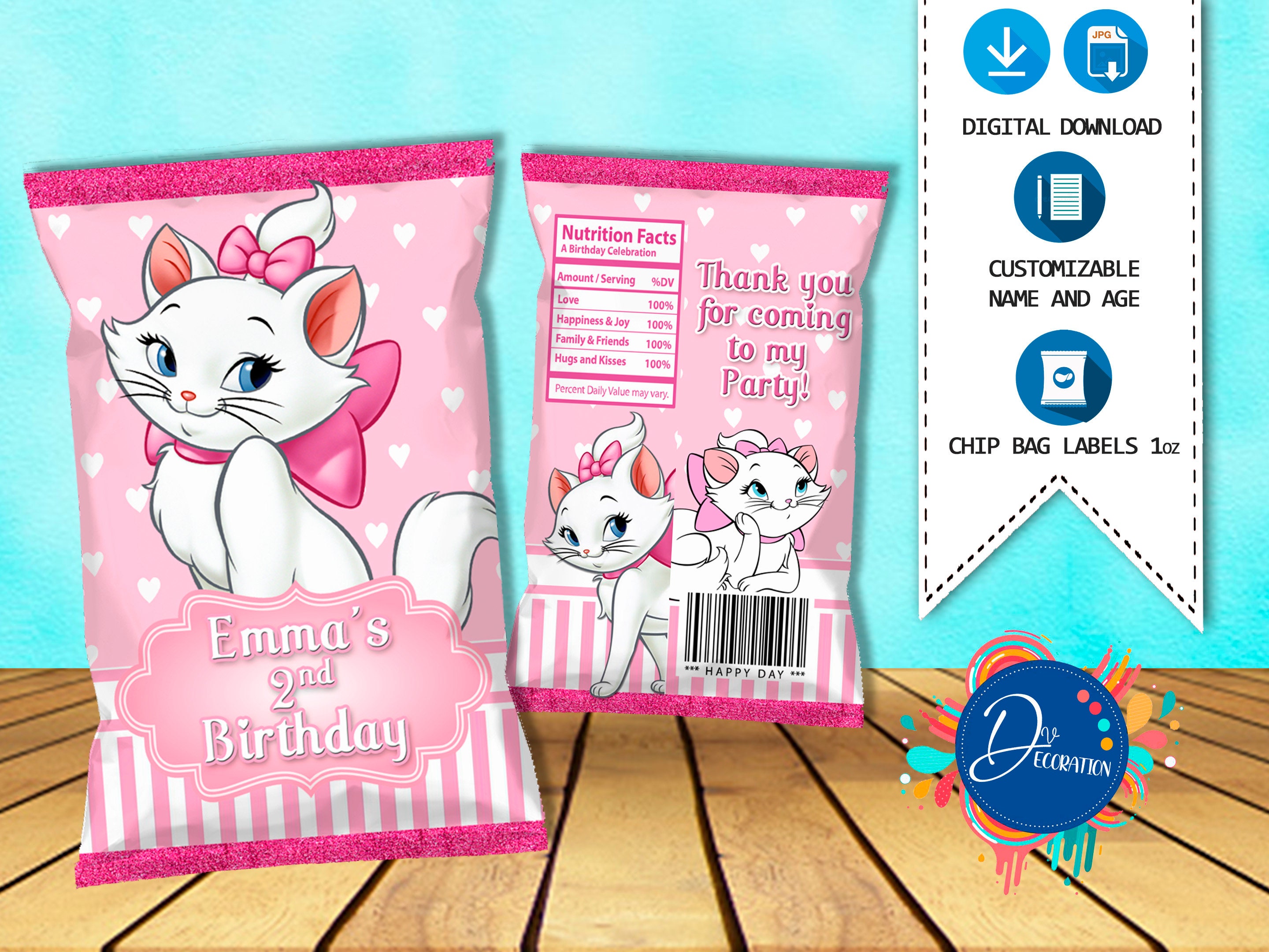 Kitten Marie Chip bags, Labels for Birthday Party -Printable DIGITAL DOWNLOAD- Chip Bag- Cat Marie, Aristocats Birthday