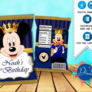 Borse per patatine Topolino Royal King, Etichette per festa di compleanno - DOWNLOAD DIGITALE stampabile - Borsa per patatine - Compleanno reale blu di Topolino