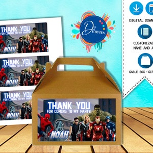 Etichetta scatola Avengers, scatola Gable, etichette per la festa di compleanno - DOWNLOAD DIGITALE stampabile - etichetta scatola- Gable box- Costruzione Compleanno