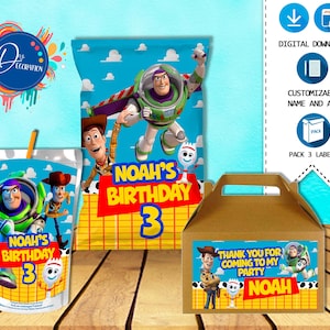 Pacote de etiquetas Toy Story para festa de aniversário - DOWNLOAD DIGITAL para impressão - Chip Bag - Gable Box - Juice. Aniversário de Toy Story