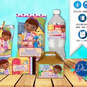 Pacote Doc McStuffins com 5 etiquetas para aniversário - Saco de chips para download DIGITAL para impressão - Caixa de empena - Suco - Garrafa de água - Barra de chocolate Aniversário