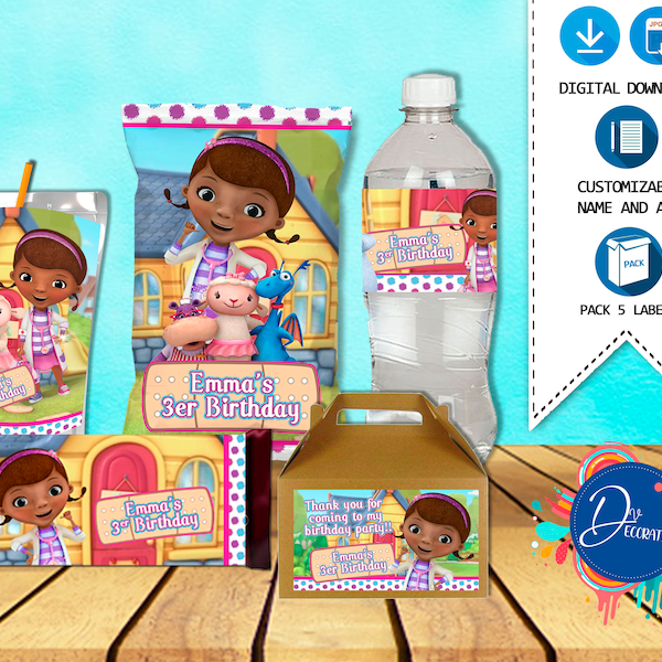 Doc McStuffins Pack 5 Labels for Birthday -Printable DIGITAL DOWNLOAD Chip Bag -Gable Box -Juice -Water Bottle-Candy Bar Birthday