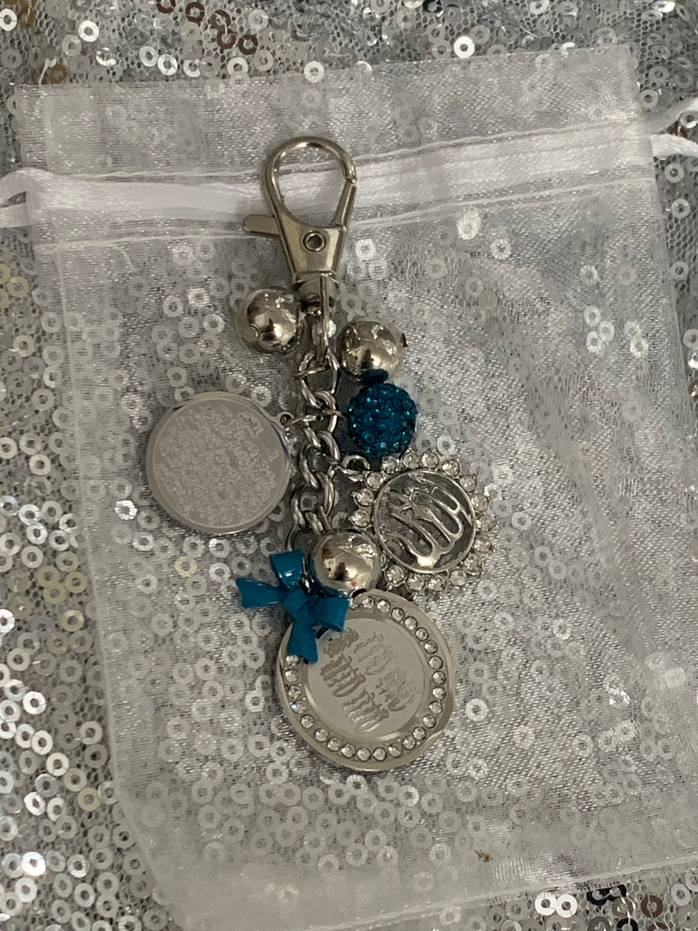 SILVER GOLD crystal 4 Qul, Ayatul kursi keyring, bag charm, islamic muslim quran evil eye gift