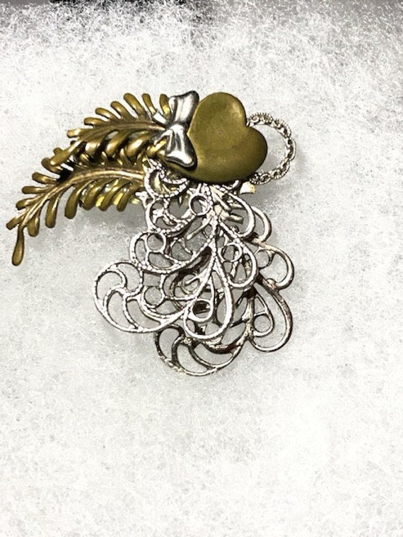 Vintage Bronze and Silver Color Heart Brooch