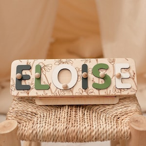 Name Puzzle, Christmas Personalized Gift for Baby and Toddler, Patterned Flower Puzzle, Natural Wooden Puzzle, First Birthday Gift