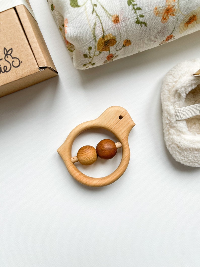 Baby Personalized Rattle Toy/ Cute Bird Teether/ Natural Wooden Rattle Toy/ Baby Shower Gift/ Montessori toys image 2