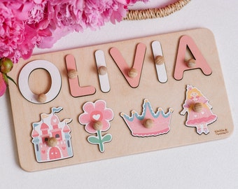 Personalized Baby Name Puzzle,  Princess Fairy Theme, Puzzle First Birthday Gift for Baby, Wooden Natural Developing Toy