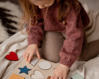 Wooden Shapes Puzzle: Montessori Toddler Toy, First Birthday Gift