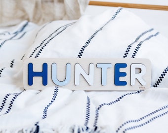 Hunter Wooden Name Puzzle for Boys, Personalized Gift for baby, First Birthday Gift, Natural Wooden Puzzle, Baby&Toddler Birthday Gift