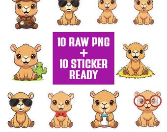 Kawaii Camel PNG Bundle | Camelid Clipart Set | Cartoon Characters | Transparent PNG 300 DPI | Sticker Ready for Crafts