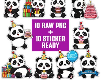 May include: A collection of panda bear stickers with birthday party themes. Each panda is wearing a party hat and holding gifts, cake, or a balloon. Text on the image reads "10 RAW PNG + 10 STICKER READY" and "20 TRANSPARENT PNG 300 DPI".