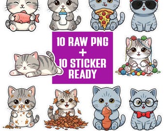 Kawaii Kitten PNG Bundle | British Blue Clipart Set | Cartoon Characters | Transparent PNG 300 DPI | Sticker Ready for Crafts