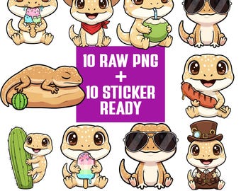 Kawaii Gecko PNG Bundle | Lizard Clipart Set | Cartoon Characters | Transparent PNG 300 DPI | Sticker Ready for Crafts