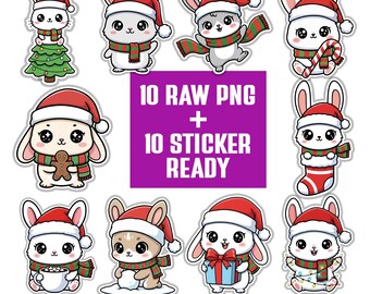 Kawaii Christmas Bunny Clipart | Santa Rabbit Stickers (PNG Digital Download)