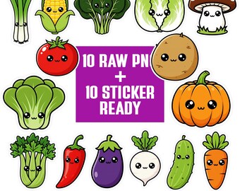 Kawaii Vegetable PNG Bundle | Mushroom Clipart Set | Cartoon Characters | Transparent PNG 300 DPI | Sticker Ready for Crafts