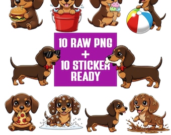 Kawaii Tekel PNG Bundle | Puppy Clipart Set | Cartoon Dachshund Characters | Transparent PNG 300 DPI | Sticker Ready for Crafts